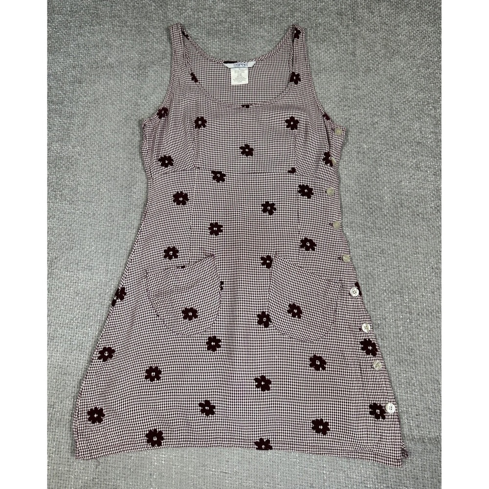 Vintage Esprit Dress Womens Burgundy Gingham Floral 90s Y2K Preppy Cottage